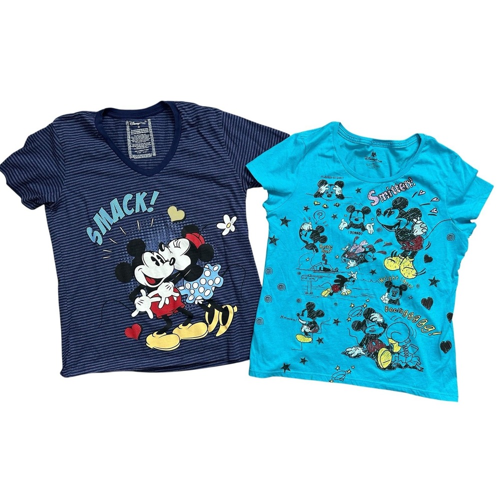 Disney Mickey Minnie Mouse Kiss Striped Blue Glitter Tee Top Shirt XL Lot Of 2